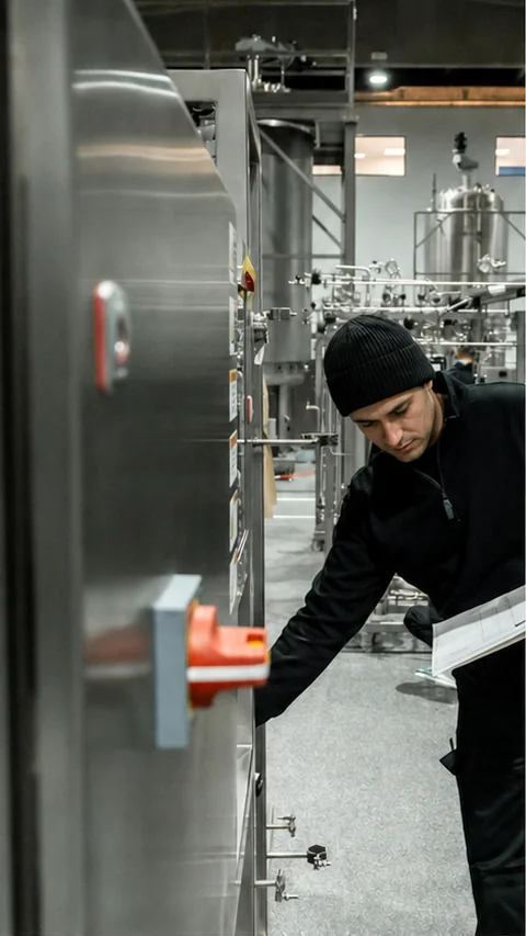Industrial technician inspecting process equipment