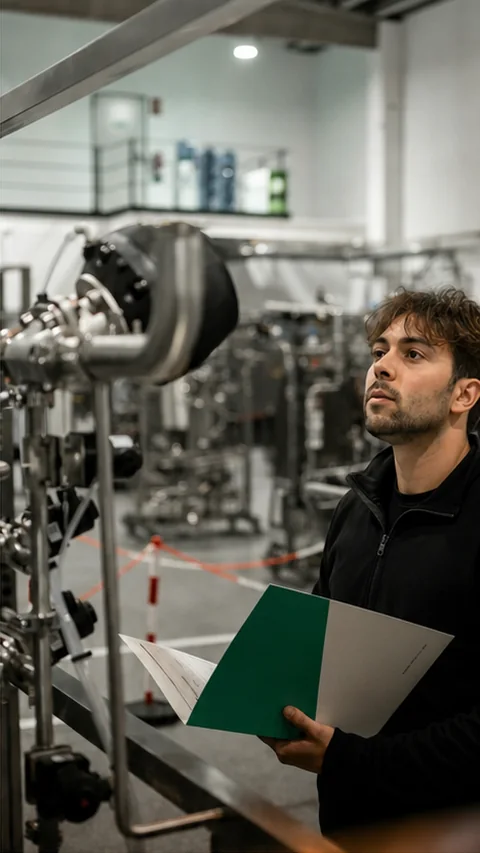 Technician verifying an industrial installation