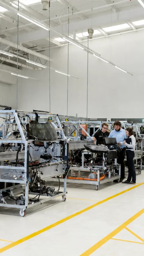 Engineering team working in an automotive factory