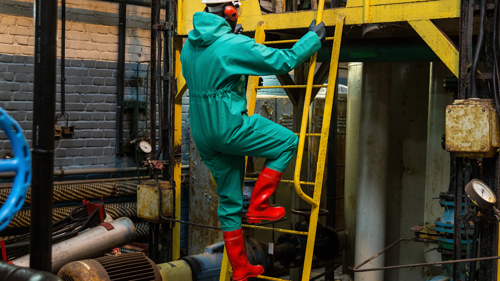 a man in a green coverall climbing up a yellow ladder