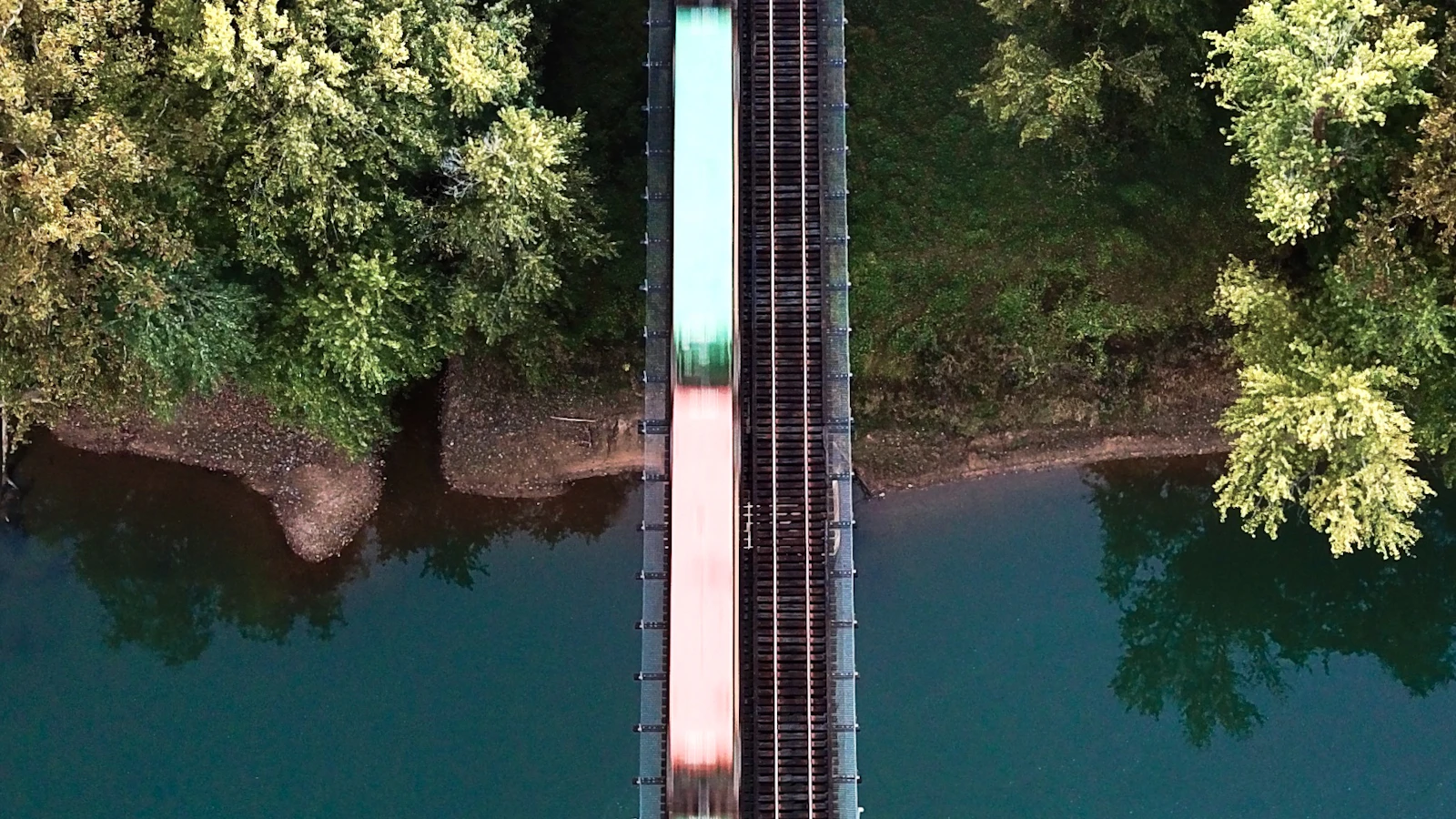 a train traveling over a bridge next to a forest